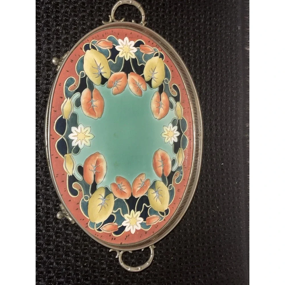 Vintage Gesetzlich‎ geschutzt Tray With Floral Porcelain/Enamel & Metal Frame